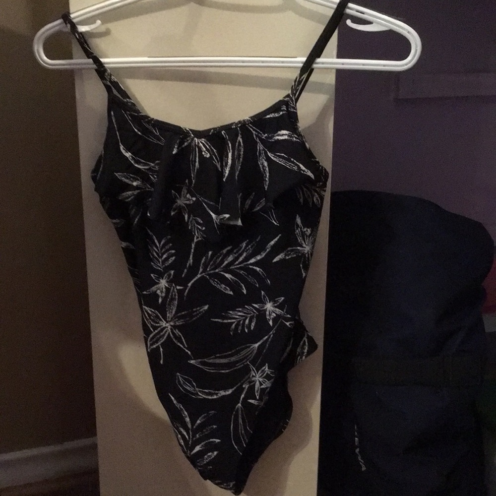 This is a tropical printed full bathing suit